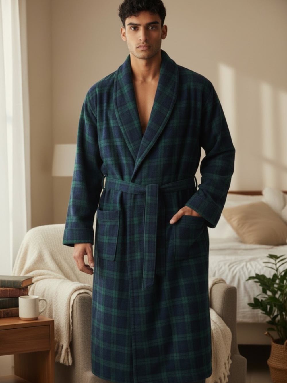 L.L.Bean Robe Mens Sz Medium Tartan Plaid Belted Blue Green